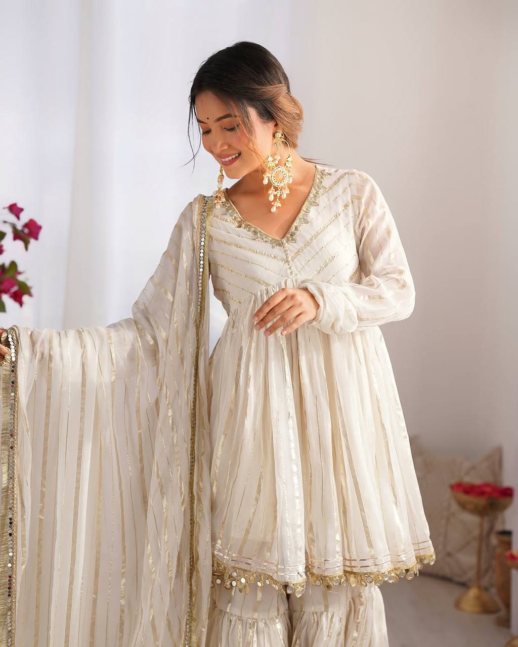 Prazu Fashion Off White Mal Chanderi Silk Mirror Work Designer Sharara Suit - Distacart