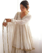 Prazu Fashion Off White Mal Chanderi Silk Mirror Work Designer Sharara Suit - Distacart