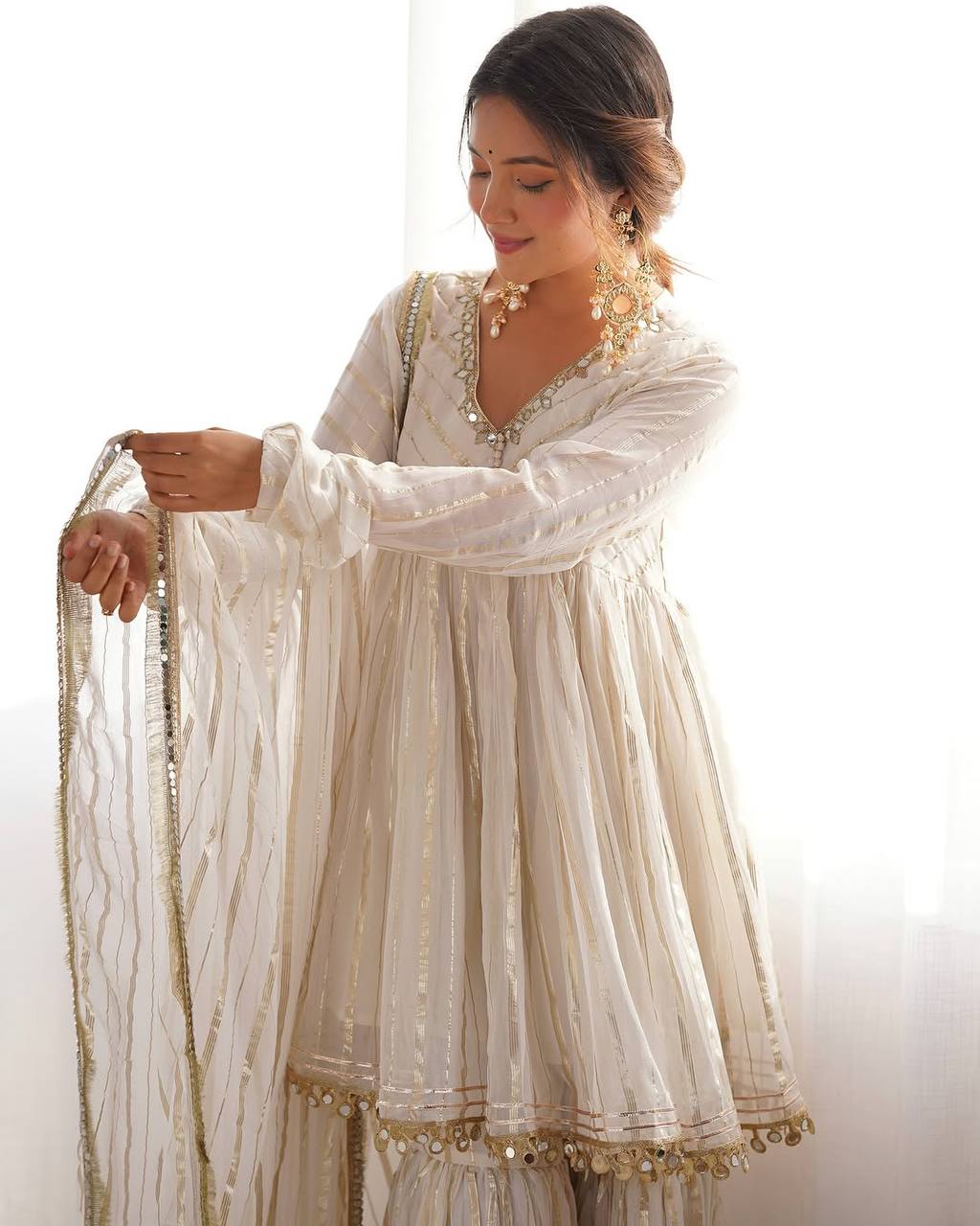Prazu Fashion Off White Mal Chanderi Silk Mirror Work Designer Sharara Suit - Distacart