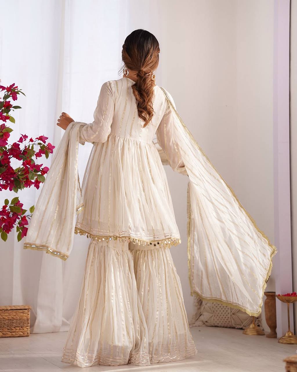 Prazu Fashion Off White Mal Chanderi Silk Mirror Work Designer Sharara Suit - Distacart