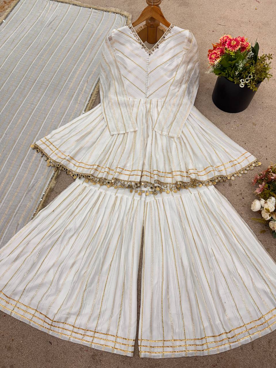 Prazu Fashion Off White Mal Chanderi Silk Mirror Work Designer Sharara Suit - Distacart