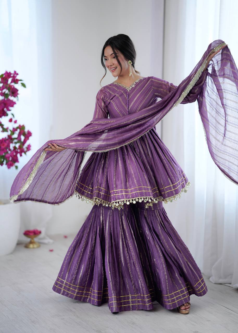 Prazu Fashion Lavender Mal Chanderi Real Mirror With Hand Work Sharara Suit - Distacart