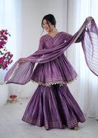 Prazu Fashion Lavender Mal Chanderi Real Mirror With Hand Work Sharara Suit - Distacart