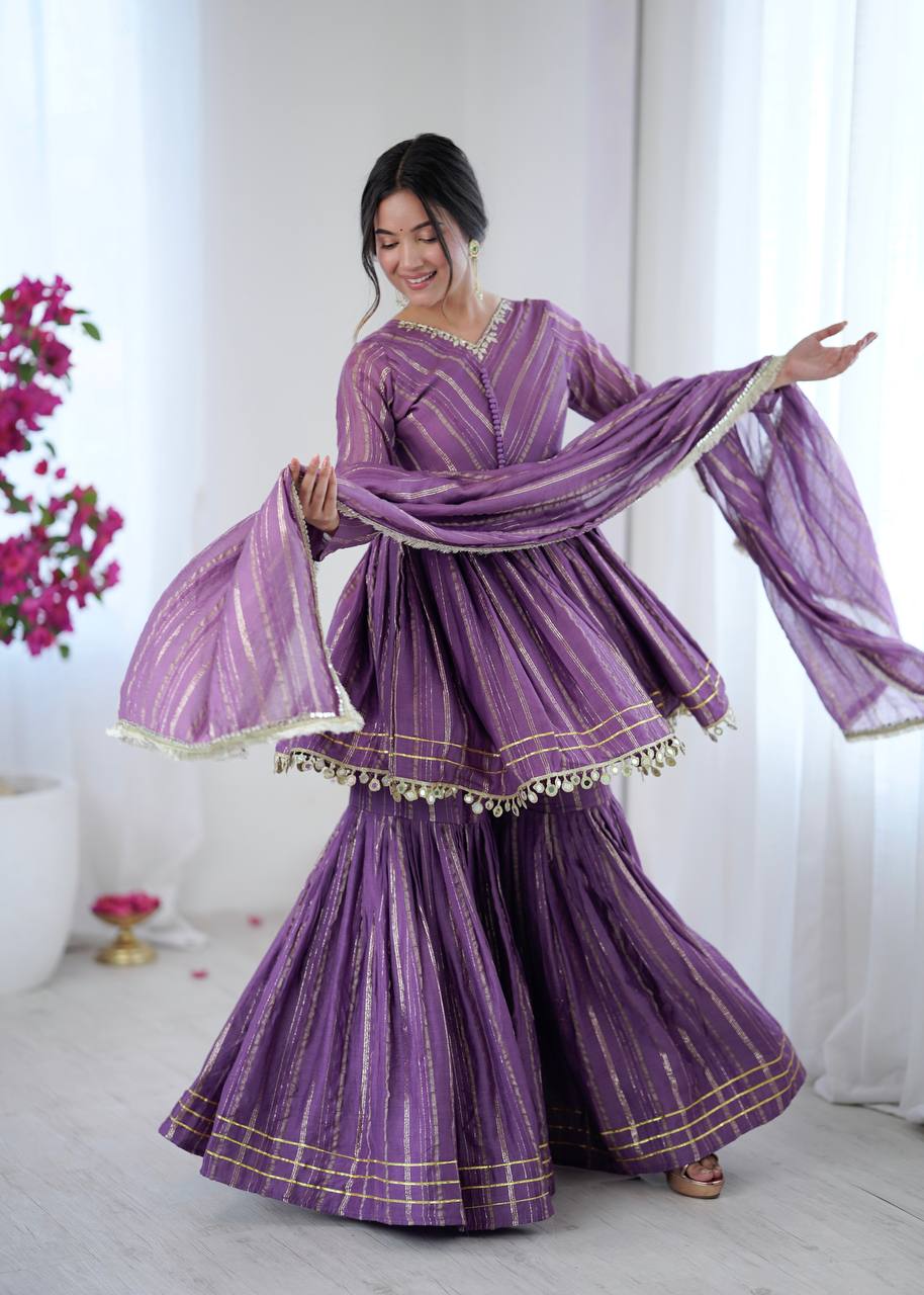 Prazu Fashion Lavender Mal Chanderi Real Mirror With Hand Work Sharara Suit - Distacart