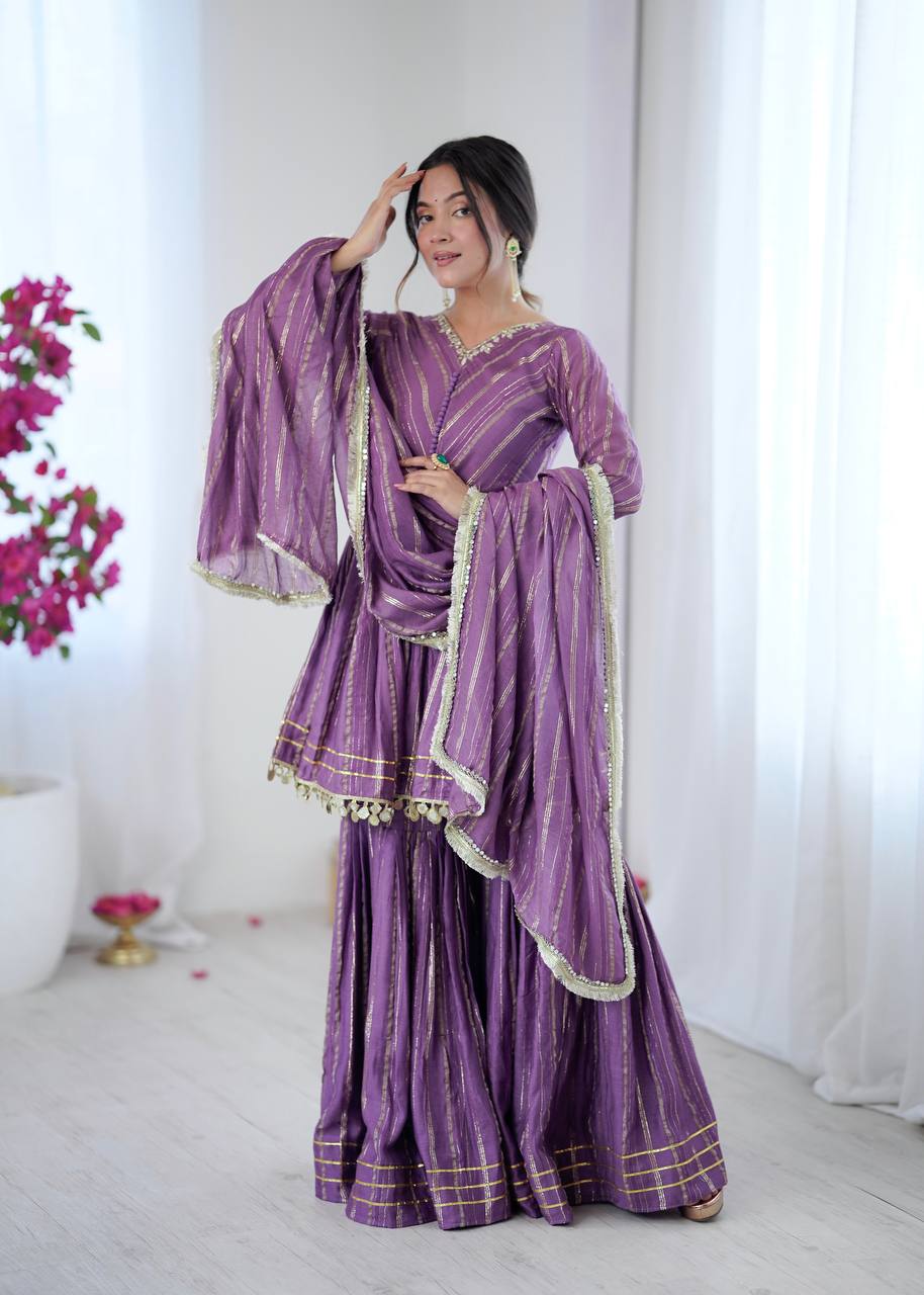 Prazu Fashion Lavender Mal Chanderi Real Mirror With Hand Work Sharara Suit - Distacart