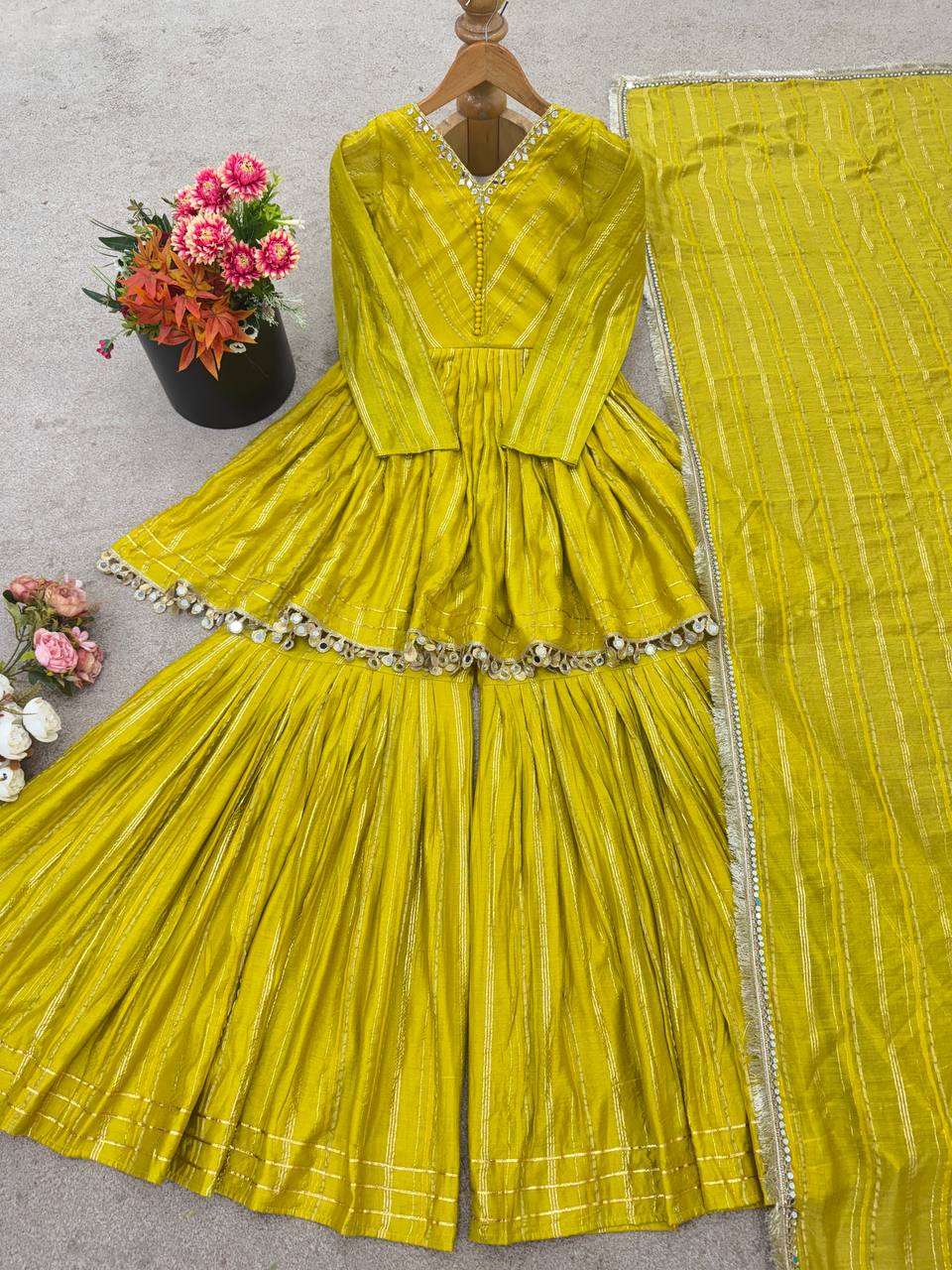 Prazu Fashion Lemon Yellow Mal Chanderi Real Mirror With Hand Work Sharara Suit - Distacart