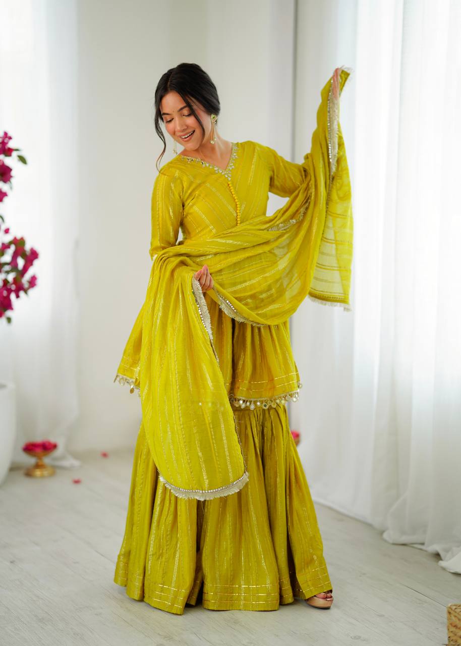 Prazu Fashion Lemon Yellow Mal Chanderi Real Mirror With Hand Work Sharara Suit - Distacart
