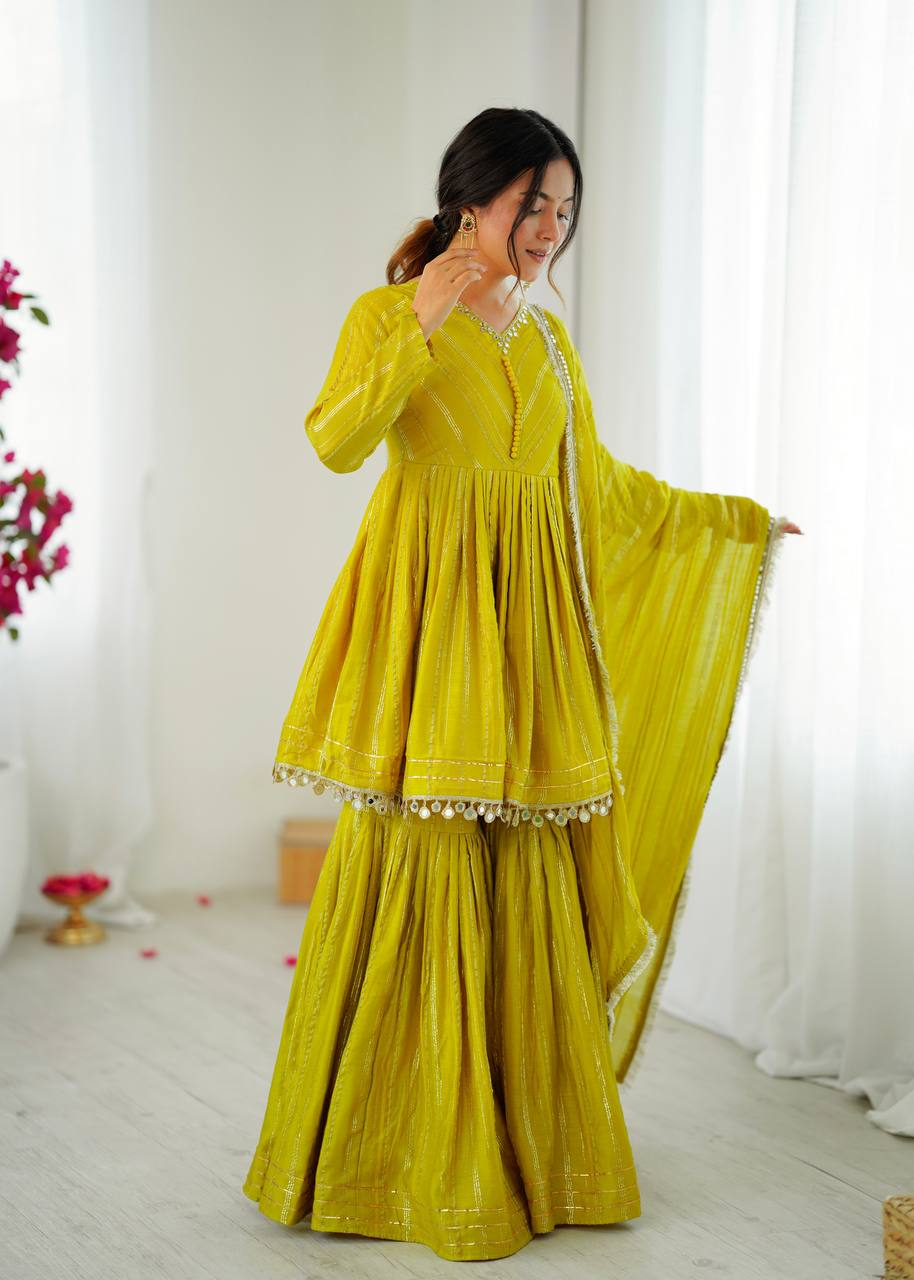 Prazu Fashion Lemon Yellow Mal Chanderi Real Mirror With Hand Work Sharara Suit - Distacart