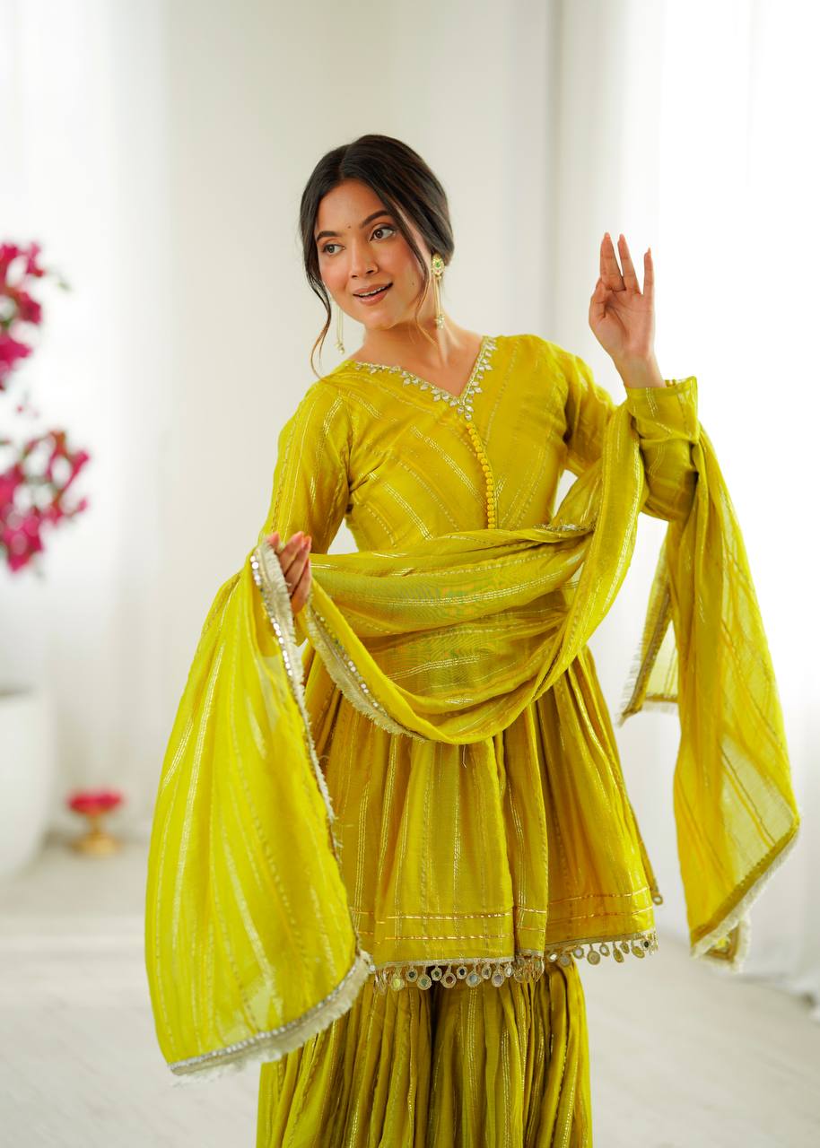 Prazu Fashion Lemon Yellow Mal Chanderi Real Mirror With Hand Work Sharara Suit - Distacart