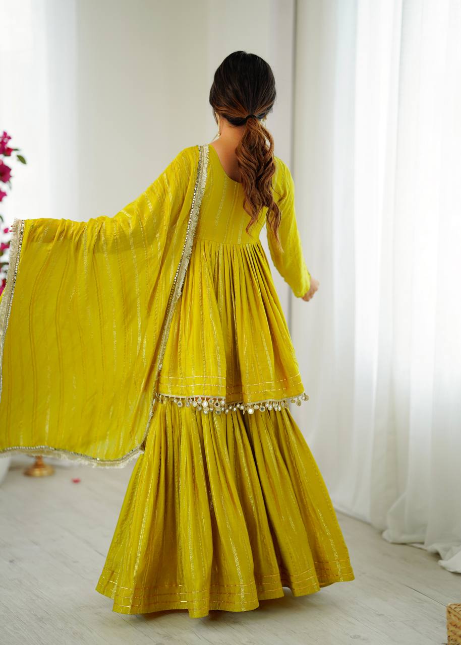 Prazu Fashion Lemon Yellow Mal Chanderi Real Mirror With Hand Work Sharara Suit - Distacart