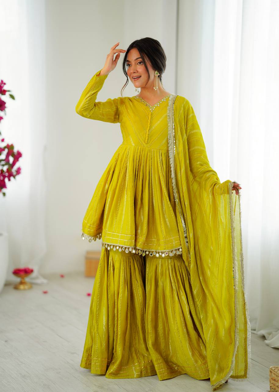 Prazu Fashion Lemon Yellow Mal Chanderi Real Mirror With Hand Work Sharara Suit - Distacart