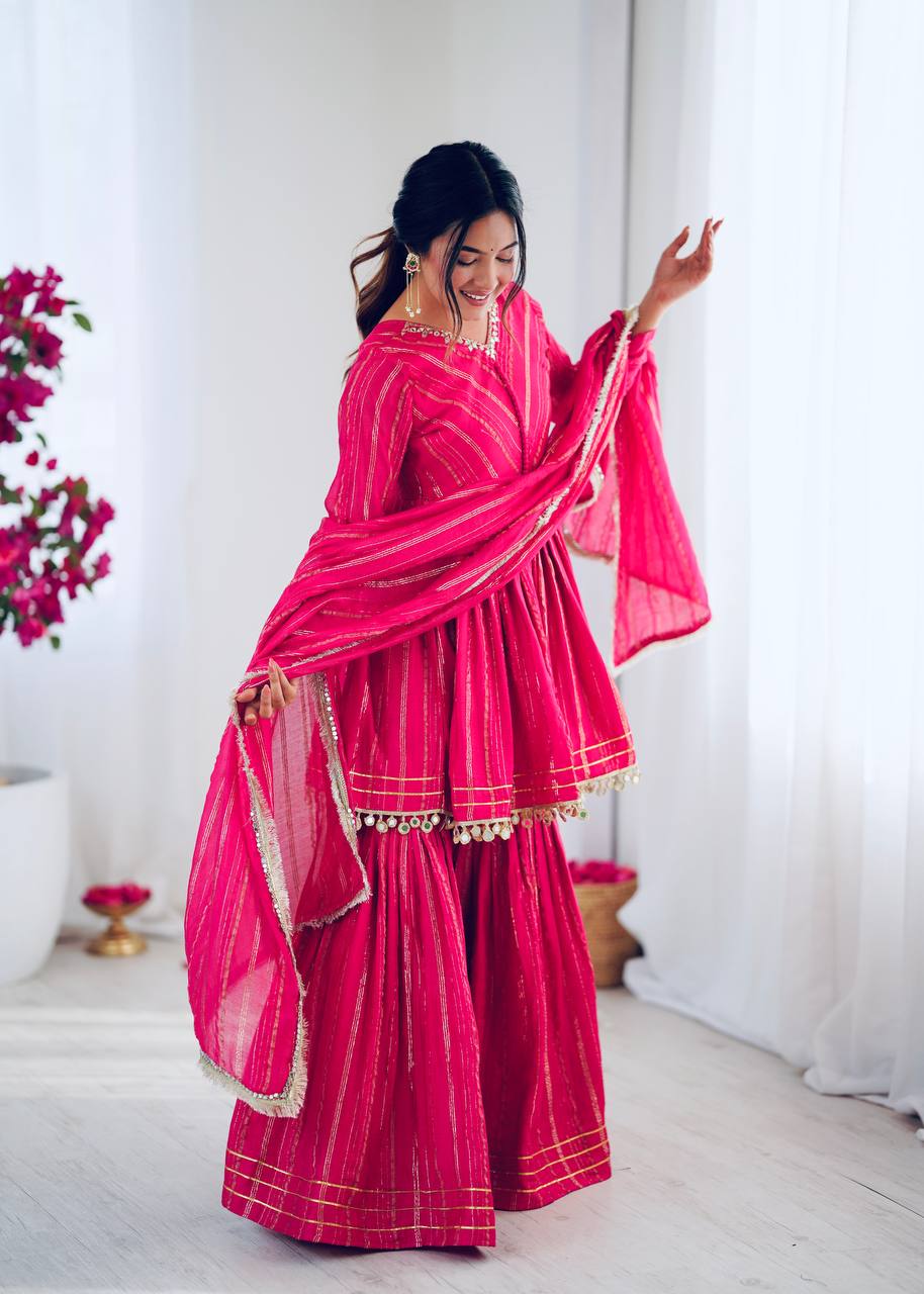 Prazu Fashion Pink Mal Chanderi Real Mirror With Hand Work Sharara Suit - Distacart
