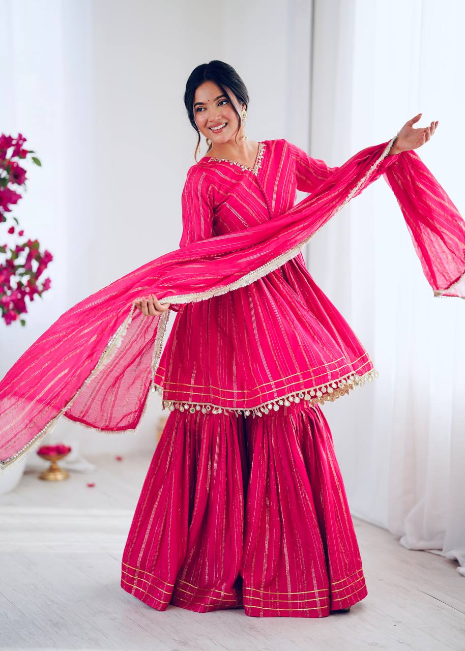 Prazu Fashion Pink Mal Chanderi Real Mirror With Hand Work Sharara Suit - Distacart