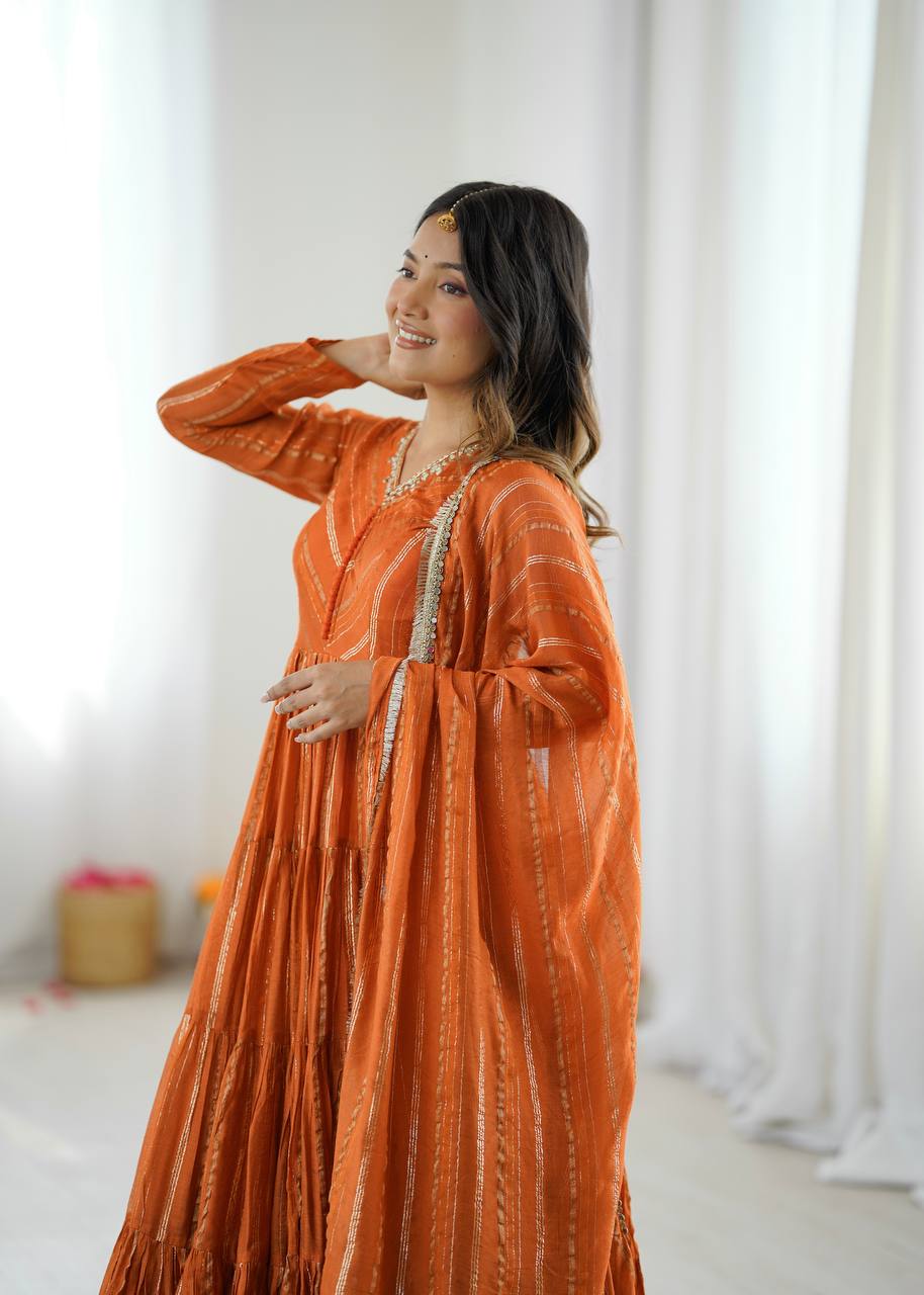 Prazu Fashion Orange Mal Chanderi Silk Real Mirror With Hand Work Anarkali Suit - Distacart