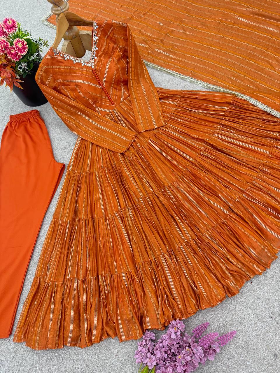 Prazu Fashion Orange Mal Chanderi Silk Real Mirror With Hand Work Anarkali Suit - Distacart