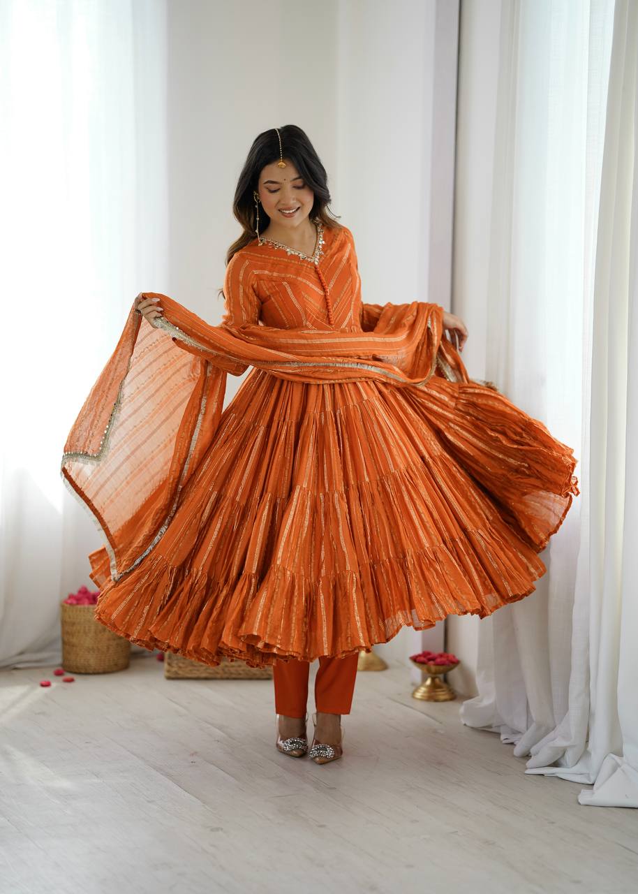 Prazu Fashion Orange Mal Chanderi Silk Real Mirror With Hand Work Anarkali Suit - Distacart