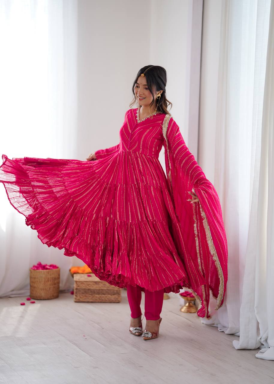 Prazu Fashion Pink Mal Chanderi Silk Real Mirror With Hand Work Anarkali Suit - Distacart