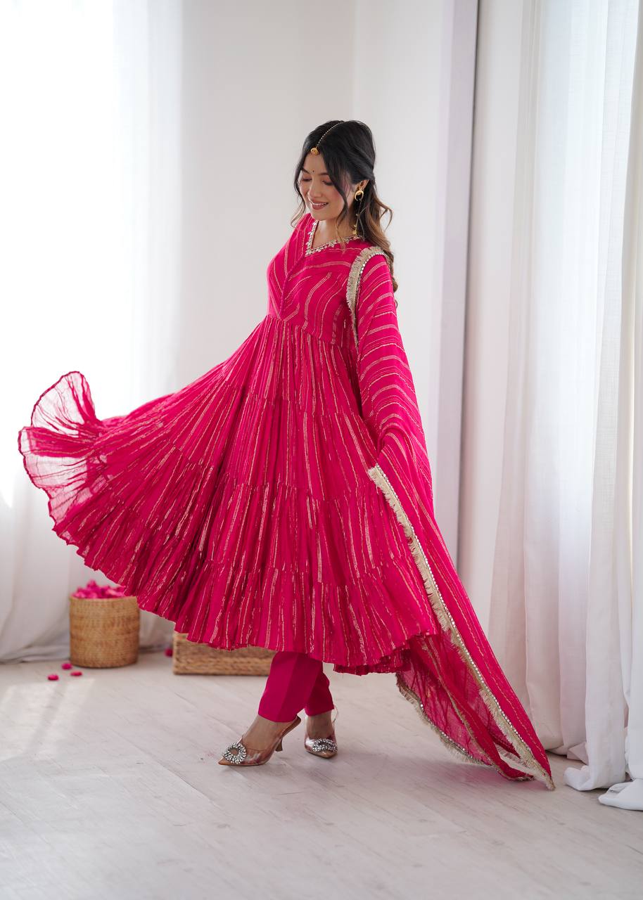 Prazu Fashion Pink Mal Chanderi Silk Real Mirror With Hand Work Anarkali Suit - Distacart