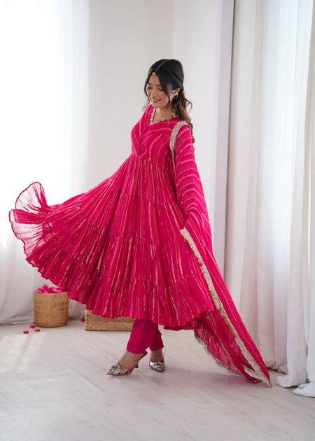 Prazu Fashion Pink Mal Chanderi Silk Real Mirror With Hand Work Anarkali Suit