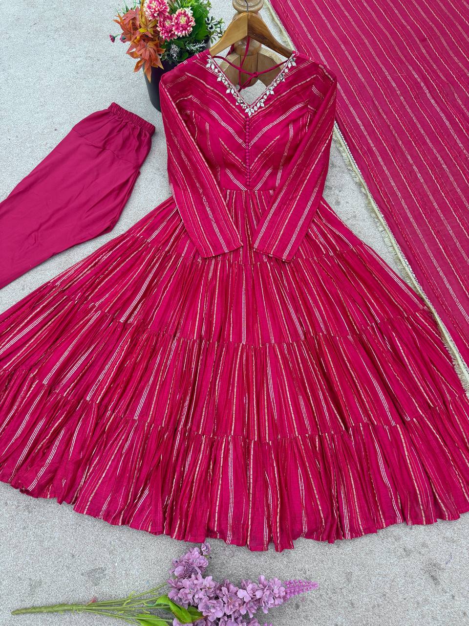 Prazu Fashion Pink Mal Chanderi Silk Real Mirror With Hand Work Anarkali Suit - Distacart