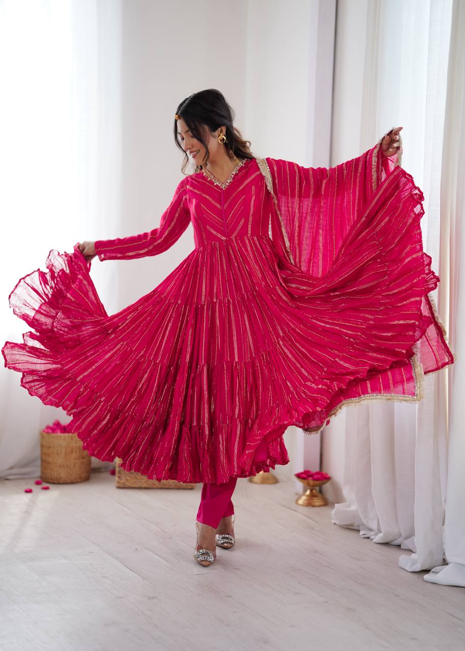 Prazu Fashion Pink Mal Chanderi Silk Real Mirror With Hand Work Anarkali Suit - Distacart
