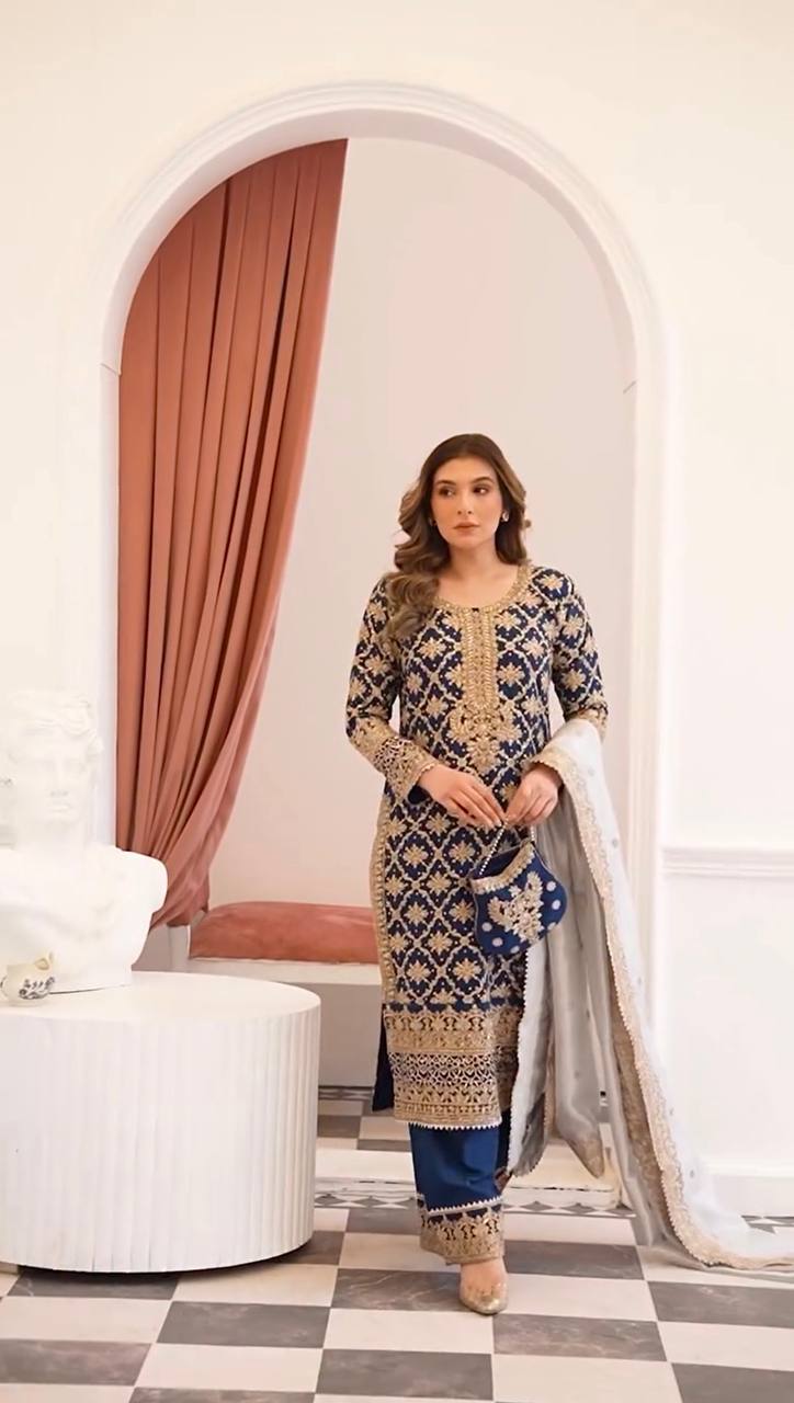 Prazu Fashion Blue Georgette Chain Stitch Embroidered Sequins Beads Work Salwar Suit - Distacart