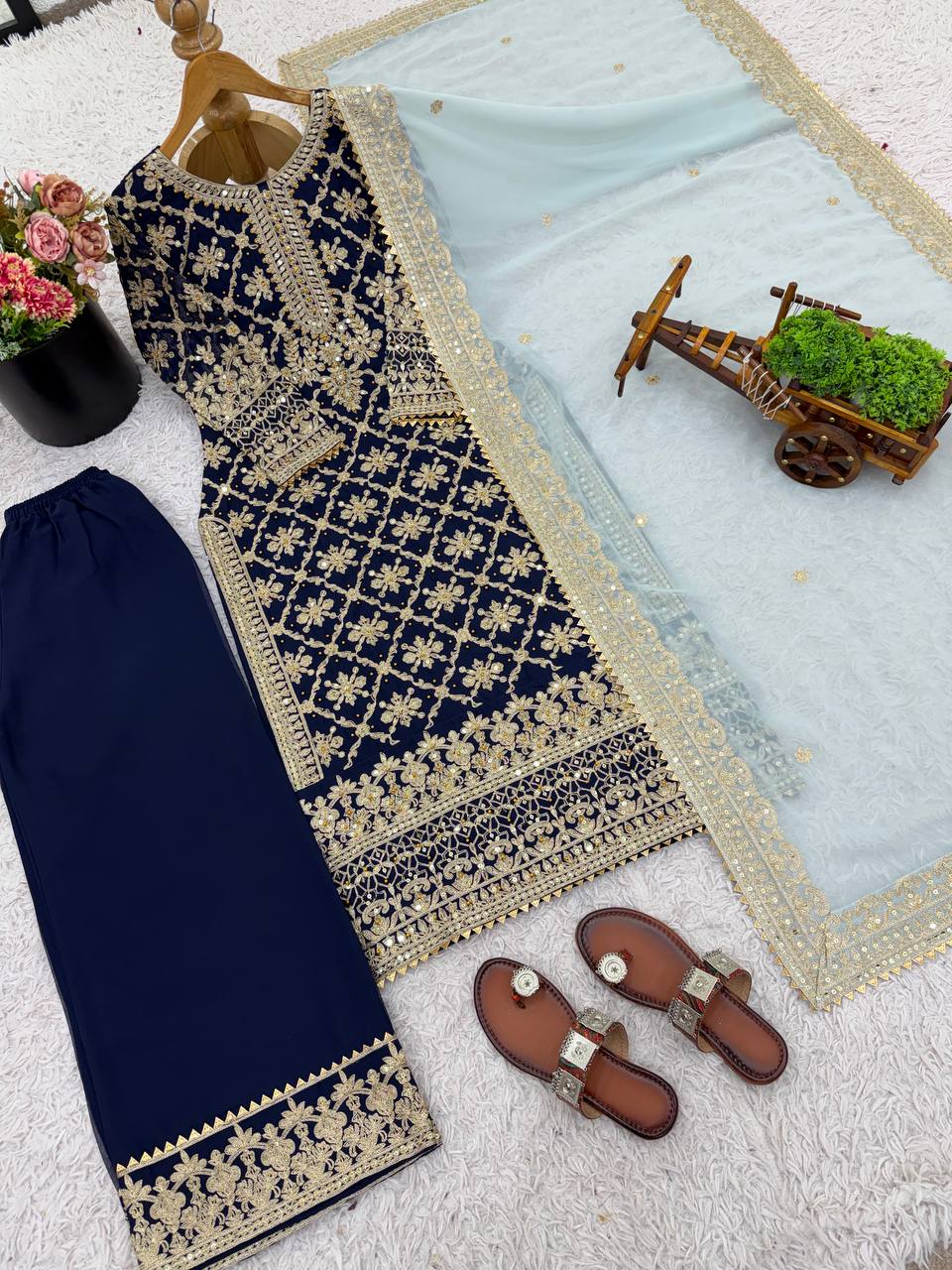 Prazu Fashion Blue Georgette Chain Stitch Embroidered Sequins Beads Work Salwar Suit - Distacart