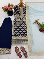 Prazu Fashion Blue Georgette Chain Stitch Embroidered Sequins Beads Work Salwar Suit - Distacart