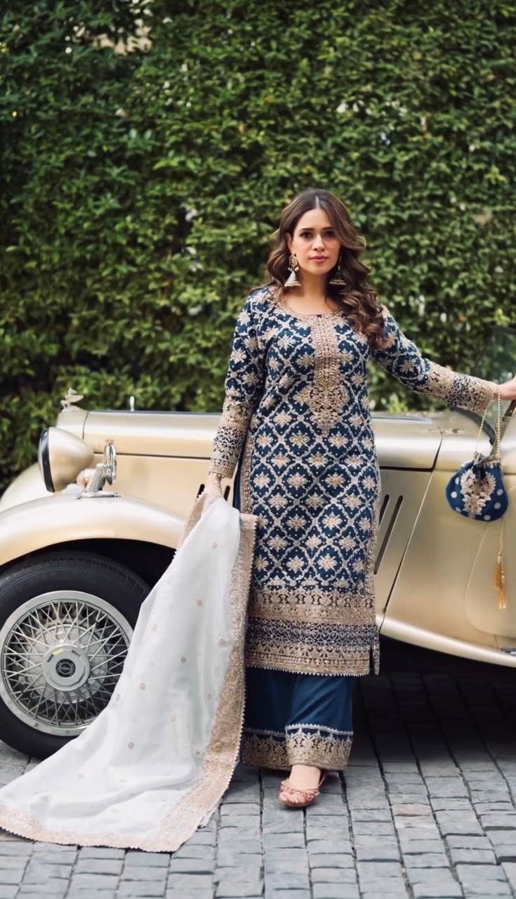 Prazu Fashion Blue Georgette Chain Stitch Embroidered Sequins Beads Work Salwar Suit - Distacart