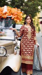 Prazu Fashion Maroon Georgette Chain Stitch Embroidered Sequins Beads Work Salwar Suit - Distacart