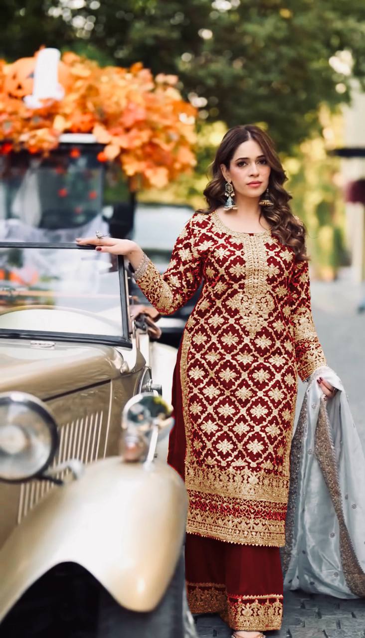 Prazu Fashion Maroon Georgette Chain Stitch Embroidered Sequins Beads Work Salwar Suit - Distacart
