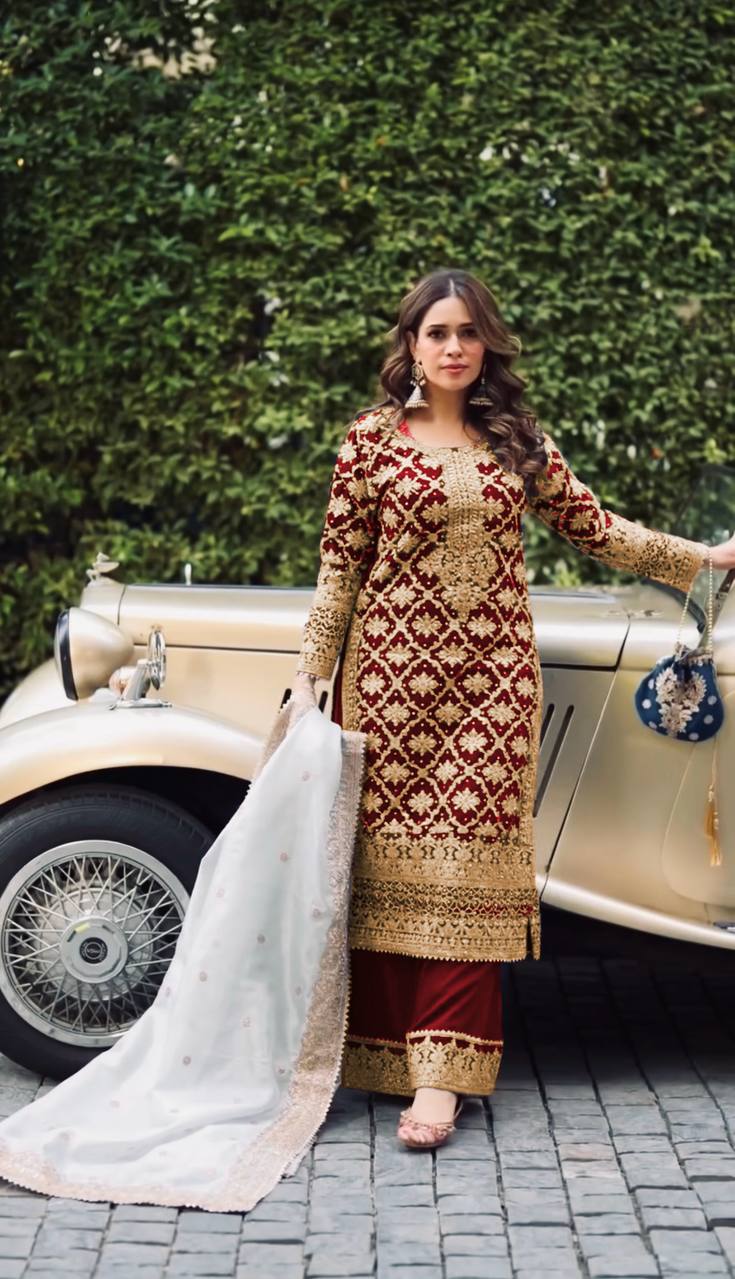 Prazu Fashion Maroon Georgette Chain Stitch Embroidered Sequins Beads Work Salwar Suit - Distacart