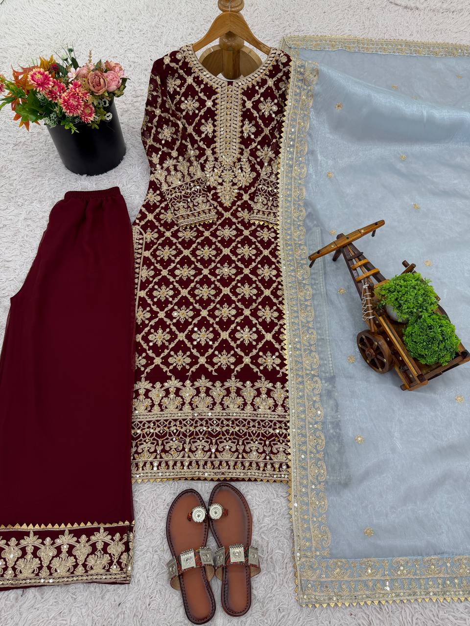 Prazu Fashion Maroon Georgette Chain Stitch Embroidered Sequins Beads Work Salwar Suit - Distacart