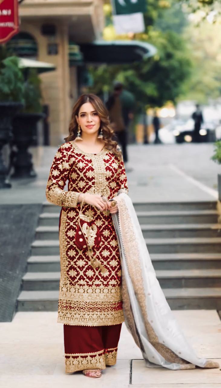 Prazu Fashion Maroon Georgette Chain Stitch Embroidered Sequins Beads Work Salwar Suit - Distacart