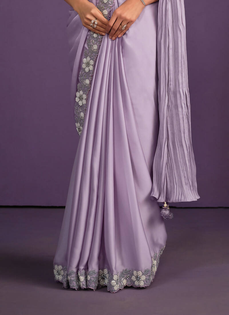 Lavender Crepe Satin Silk Embroidered Saree With Stitched Blouse - Mohmanthan Exotica