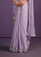 Lavender Crepe Satin Silk Embroidered Saree With Stitched Blouse - Mohmanthan Exotica