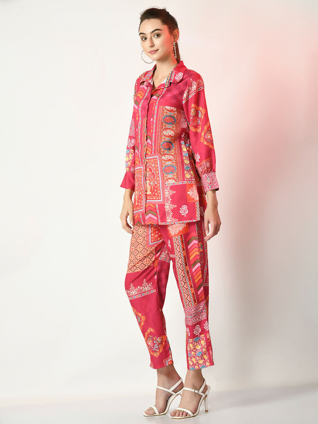 Myshka Women's Pink Printed Shirt With Trousers