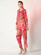 Myshka Women's Pink Printed Shirt With Trousers
