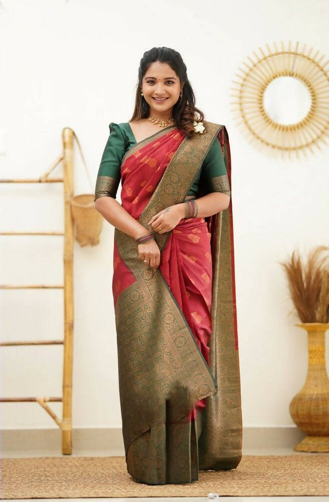 DEIANA'S Beautiful Designer Golden zari Soft Lichi Silk Saree - Red