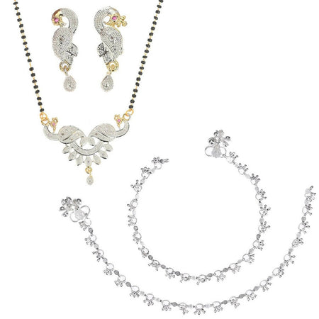 AanyaCentric Gold-Polished Mangalsutra Pendant Earring Set & Silver Plated Anklet