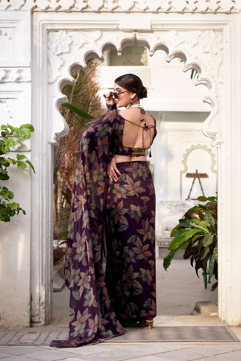 Vastranavya Wine Lurex Brasso Floral Printed Saree with Unstitched Blouse - Distacart