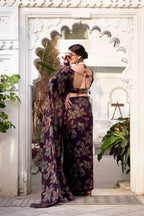 Vastranavya Wine Lurex Brasso Floral Printed Saree with Unstitched Blouse - Distacart