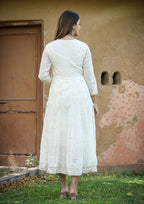 Kaajh Women's White Floral Embroidered Cotton Ethnic Dress - Distacart