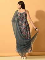 Myshka Women's Grey Festive Flared Anarkali Kurta With Dupatta sets