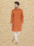Even Apparels Men's Orange Emboided Cotton Kurta
