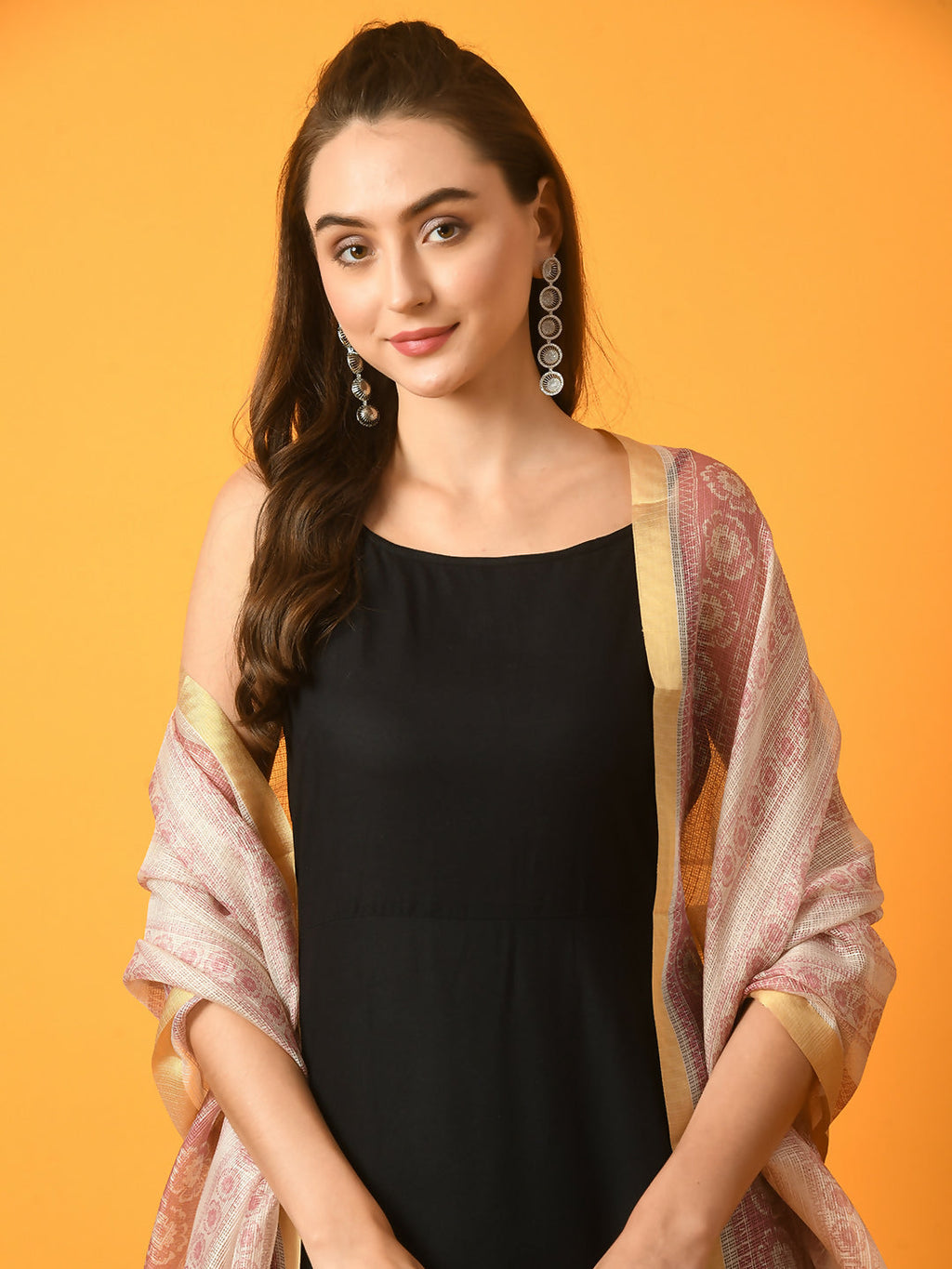 Myshka Women's Black Solid Anarkali Party Kurta Set With Printed Dupatta