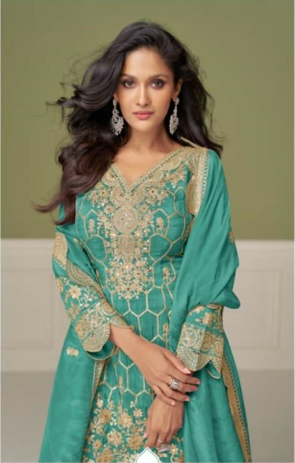 Anaita Sky Blue Real Shimmer Readymade Suit with Embroidery & Real Mirror Work - Distacart