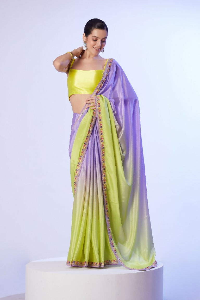 Lavender Chinon Solid Designer & Lace Work Saree - Samaa