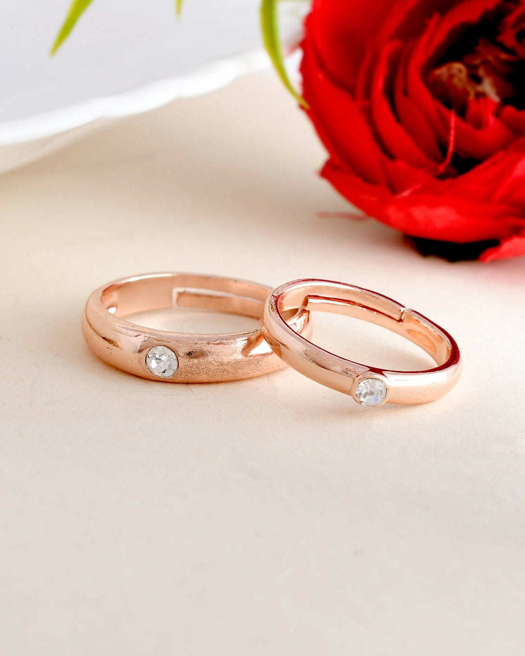VOJ Stainless Steel Cubic Zirconia Gold-Polished Adjustable Couple Ring Set