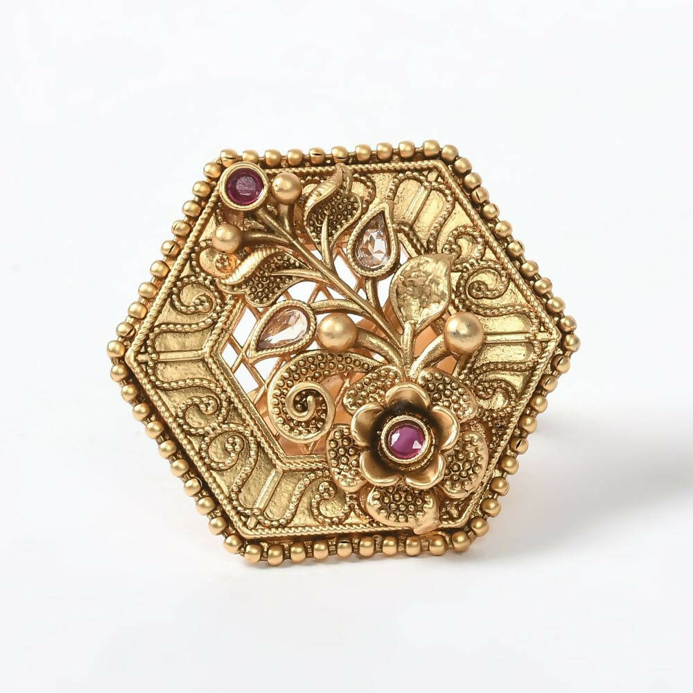 Mominos Fashion Joharkamal Gold-Polished Stone Studded Adjustable Finger Ring - Design 11